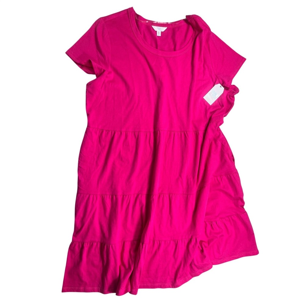 Time and Tru Tiered Maxi Dress XXL 20 Hot Pink Short Sleeve NWT Casual
